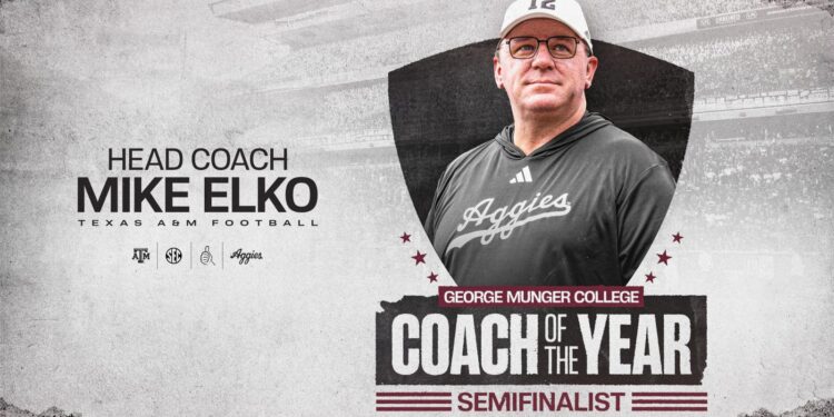 Elko Tabbed George Munger Coach of the Year Award Semifinalist - Texas A&M Athletics Gm 11 graphic