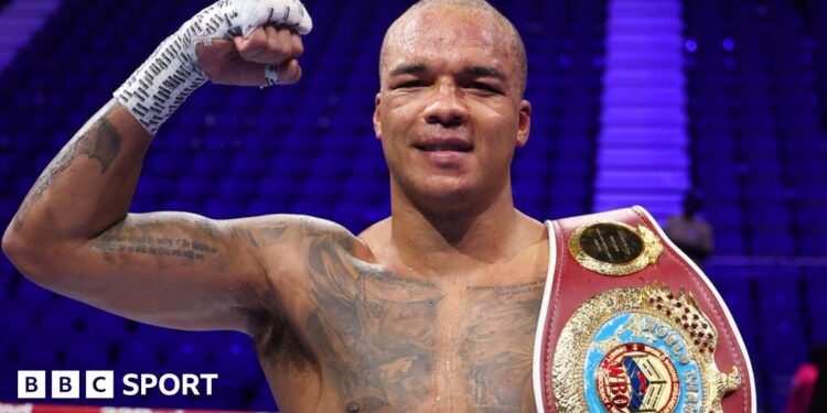 Fabio Wardley celebrates victory with his belt after his fight with Joseph Parker