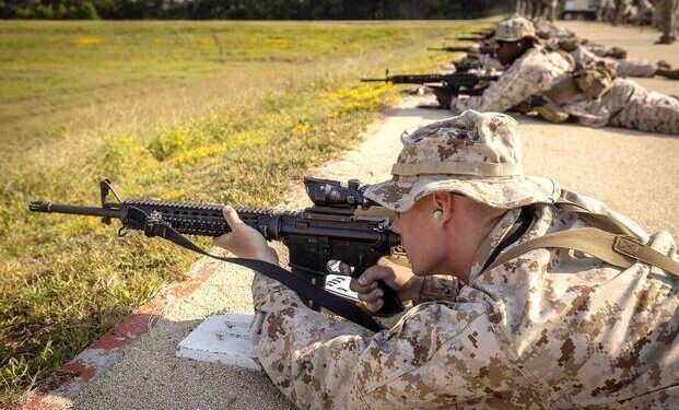 Marine Corps recruits conduct live-fire drills during rifle qualification practice at Marine Corps Recruit Depot Parris Island, S.C., Sept. 17, 2025