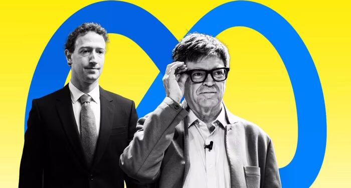Meta chief AI scientist Yann LeCun plans to exit and launch own start-up Mark Zuckerberg and Yann LeCun stand in front of a large Meta logo on a yellow background.