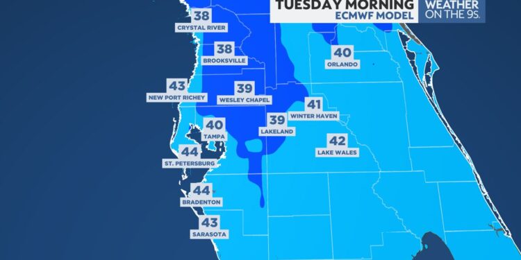 European Model for Tuesday morning showing cool temps ahead.