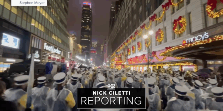 Northern Arizona University's Lumberjacks band marches in Macy's parade