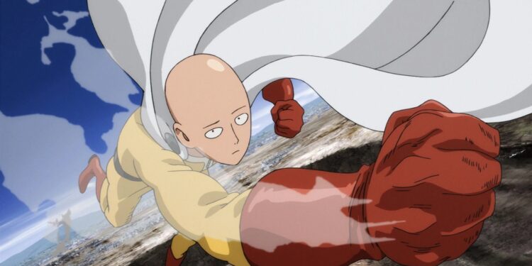 One-Punch Man season 3: Saitama punching while in mid-air during the anime One-Punch Man.