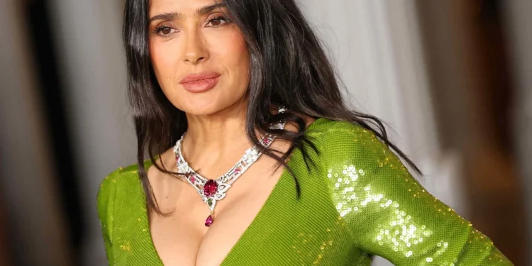 Salma Hayek Wows in a Plunging Velvet Bodycon Dress With an Old Hollywood-Inspired Side Part Salma Hayek Wows in a Plunging Velvet Bodycon Dress With an Old Hollywood-Inspired Side Part