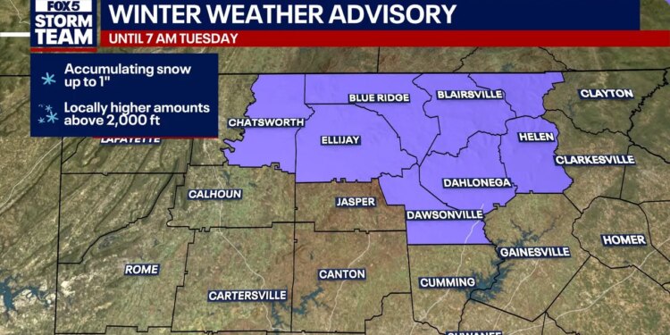 Snow expected in North Georgia; Winter Weather Advisory until 7a.m. Tuesday