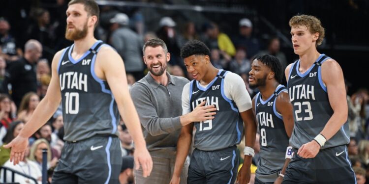Utah Jazz Big Bet On Ace Bailey Is Paying Off Kevin Love #42 celebrates a play with Ace Bailey #19...