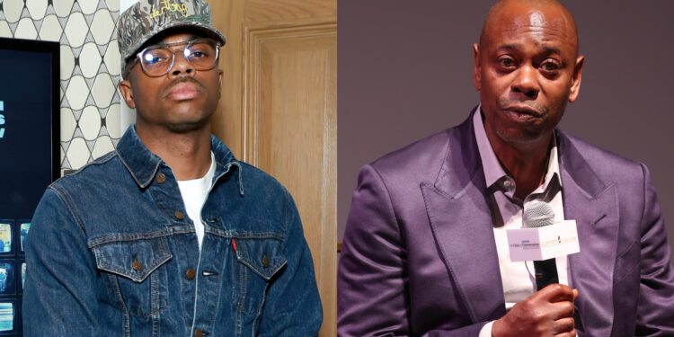 Vince Staples on Friendship With Dave Chappelle, Stand-up... Vince Staples in a denim jacket and cap on the left; Dave Chappelle in a suit holding a microphone on the right.