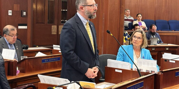 What does the future hold for the permanent fund dividend? State Sen. Jesse Kiehl (D-Juneau) discusses a fisheries bill on the Senate floor on May 20, 2025. Kiehl recently spoke at the Oct. 6 Juneau Chamber of Commerce Luncheon alongside (Mark Sabbatini/Juneau Empire file photo)